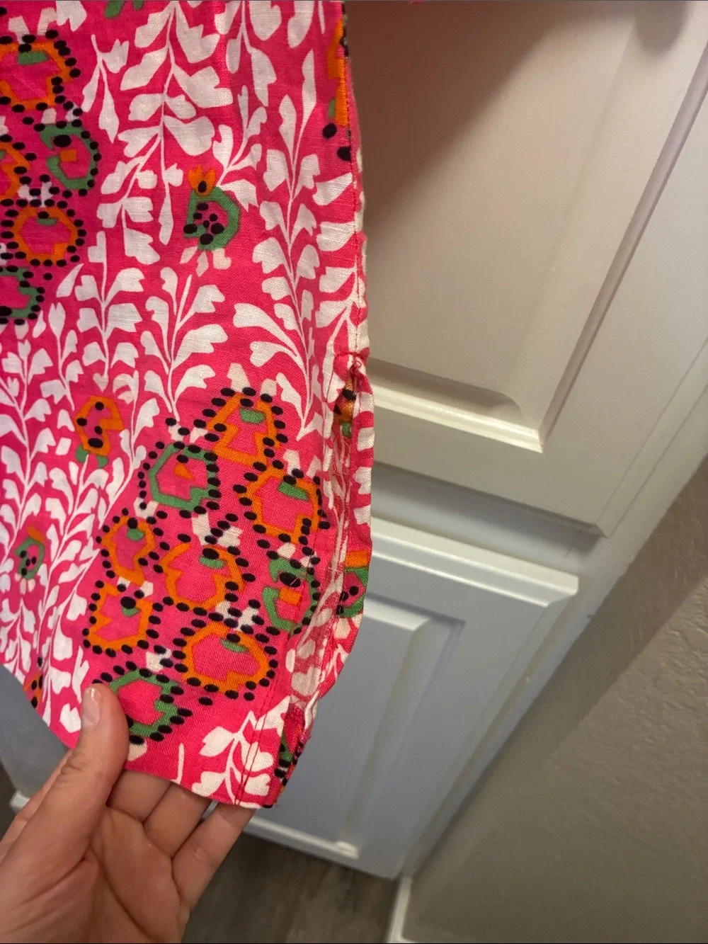 Tory Burch 100% linen Pink abstract Floral Tunic Top with 3/4 sleeves